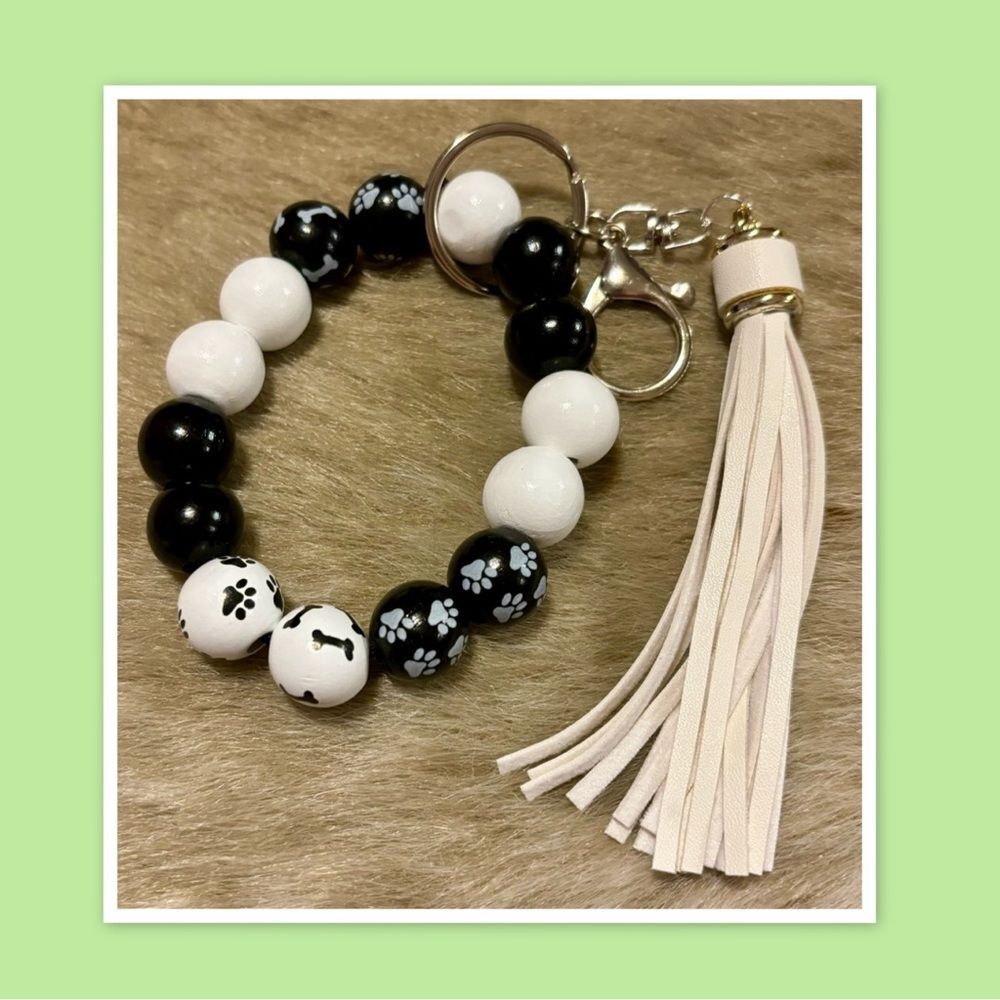 Dog Paw Print Wristlet Keychain with Wooden Beads & White Tassel